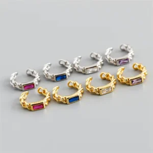 925 Sterling Silver Baguette Rectangle Color Zircon Cuban Chain Personalized Ear Cuff Earrings for Women