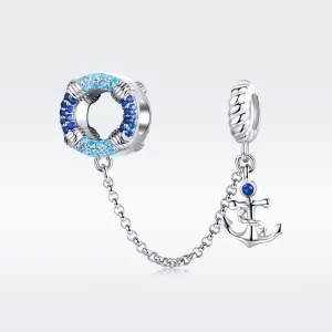 925 Sterling Silver Blue Zircon Anchor Safety Chain Pendant Charm Fit Bracelet Woman Fine Jewelry Beads DIY Accessories SCC1149