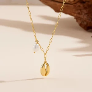 925 Sterling Silver Bohemian Style Freshwater Pearl Conch Pendant Collarbone Chain Necklace for Women