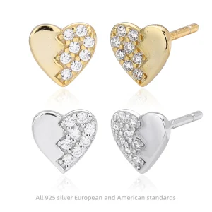 925 Sterling Silver Broken Heart Cubic Zircon Stud Earrings Gold-Plated