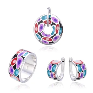 925 Sterling Silver Colorful Enamel Ring Earrings Round Cutout Pendant Set