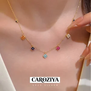 925 Sterling Silver Colorful Zircon Four-Leaf Clover Charm Necklace for Women