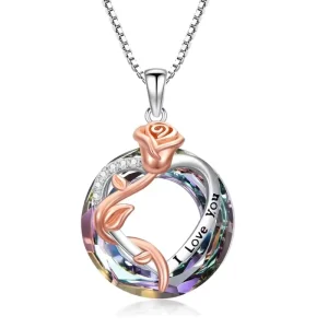 925 Sterling Silver Crystal Heart Rose Pendant Necklaces Fashion Floral Jewelry Gifts for Women