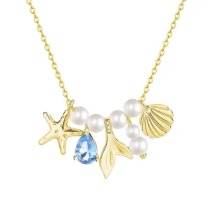 925 Sterling Silver Cubic Zirconia Pearl Starfish Shell Pendant Necklace for Women