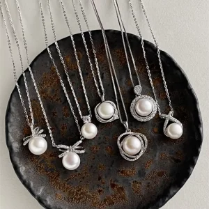 925 Sterling Silver Cubic Zirconia Pendant Necklace Statement Natural Freshwater Pearl Necklaces Fashion Jewelry for Women