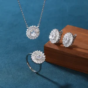 925 Sterling Silver Cubic Zirconia Sunflower Jewelry Set Necklace Ring Earrings for Women Wedding Party Gift