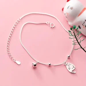 925 Sterling Silver Cute Bell Cat Shape Anklets Fashion Summer Foot Jewelry Anklet for Women