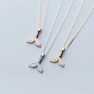 925 Sterling Silver Dainty Zircon Whale Tail Pendant Necklace Rose Gold Plated Necklaces Fashion Jewelry for Women