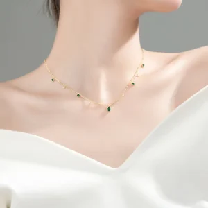 925 Sterling Silver Diamond Necklace Green White Water Drop Zircon Gold Plated Necklace for Women