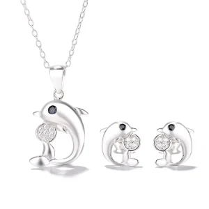 925 Sterling Silver Dolphin Necklace and Stud Earring Jewelry Set Cute Animal Design for Women