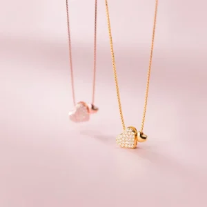 925 Sterling Silver Double Heart Necklace Rose Gold Plated Chain Zircon Pendant for Women