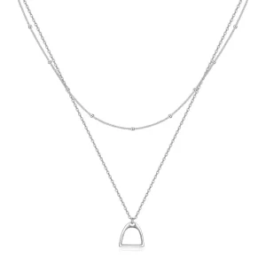 925 Sterling Silver Double Horse Stirrup Layered Necklace Fashion Chain Pendant Jewelry for Women