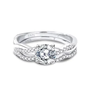 925 Sterling Silver Double Layer Round Brilliant Cut 1ct Moissanite Rings Engagement Diamond Ring for Woman