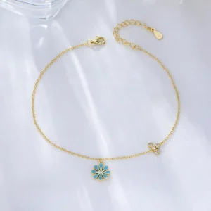 925 Sterling Silver Enamel Flower Bead Chain Anklet Fashionable Light Blue Daisy Beaded Bracelet with Gold Plating for Women