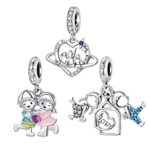 925 Sterling Silver Enamel Zircon Family Boy & Girl Charm Pendant Beads Fit Women Bracelet DIY Jewelry Accessories