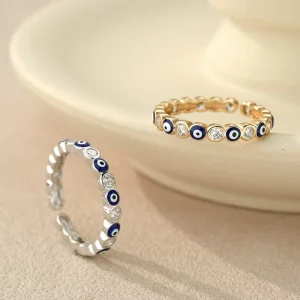 925 Sterling Silver Eye Blue Enamel Zircon Adjustable Rings Turkish Lucky Protection Jewelry