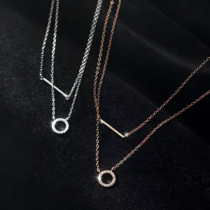 925 Sterling Silver Fashion CZ Zircon Double Layer Circle Bar Choker Necklaces for Women Gifts