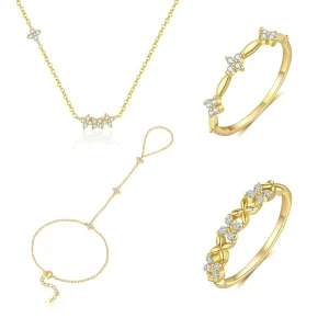 925 Sterling Silver Fashion Jewelry Sets Four Leaf Clover Zircon Necklace Rings Hand Bracelets for Women