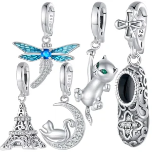 925 Sterling Silver Fine Pendants & Charms Dragonfly Moon & Cat Pendant Beads DIY Bracelet Necklace Accessories for Women