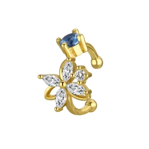 925 Sterling Silver Flower CZ Ear Cuff Earrings Blue Stone Huggie Clip On Non Pierced Women Jewelry