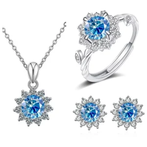 925 Sterling Silver Flower Shape Moissanite Jewelry Set with Pendant Necklace, Stud Earrings, and Open Rings for Women