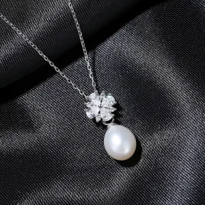 925 Sterling Silver Freshwater Pearl Pendant Necklace Elegant Pearl Drop Necklace With CZ Flower Charm Jewelry Gift For Women