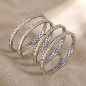 925 Sterling Silver Geometric Unisex Heavy Gold Textured Diamond Inlaid 18K Gold Plated Handmade Brushed Rim Bangle