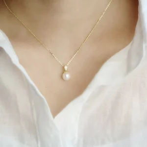 925 Sterling Silver Gold Plated Pearl Pendant Necklace Cubic Zirconia Accent Freshwater Pearl Jewelry