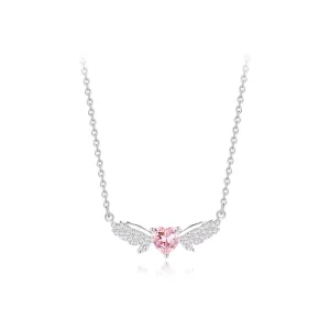 925 Sterling Silver Heart Wings Pink Zircon Necklace for Women