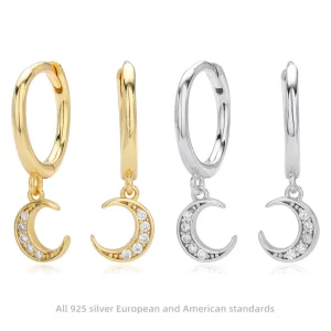 925 Sterling Silver Huggie Hoop Earrings With Crescent Moon Cubic Zircon Dangle Gold Plated and Silver Tone