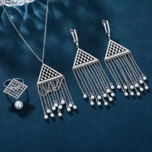 925 Sterling Silver Jewelry Set with Cubic Zirconia Geometric Design and Pearl Drop for Women Wedding Party Gift