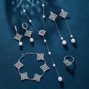 925 Sterling Silver Jewelry Set with Pearls and Cubic Zirconia Floral Design for Women Gift