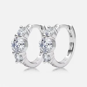 925 Sterling Silver Lab Grown Diamond Hoop Earrings, Round Cut Three Stone Earrings