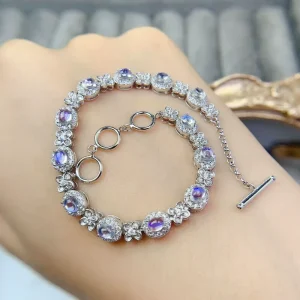 925 Sterling Silver Natural Moonstone Fashion Chain Link Charm Women Bracelet