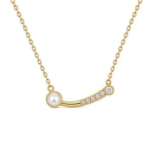 925 Sterling Silver Necklace Pearl Curved Gold Plated Bar Pave Classic Anniversary Retail Boutique Everyday Valentine Ceremony