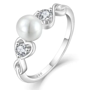 925 Sterling Silver Pearl Cubic Zirconia Ring Heart Shaped Accents Elegant Engagement Ring Jewelry For Women