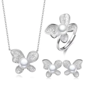 925 Sterling Silver Pearl Jewelry Fashion Pendant Necklace Earrings Bridal Jewelry Set