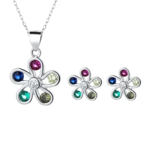 925 Sterling Silver Pendant With Multicolored Flower Set
