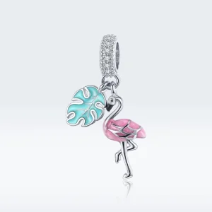 925 Sterling Silver Pink Flamingo Charm Pendant Enamel Animal Jewelry for Snake Chain Bracelets Women DIY Fashion BSC277
