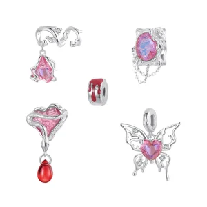 925 Sterling Silver Pink Heart Pendant Charms Butterfly & Rose Beads for Women Original Bracelet DIY Accessories