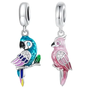 925 Sterling Silver Pink Parrot Pendant Charms Cute Bird Beads for Women Original Bracelet and Necklace DIY Accessories BSC971