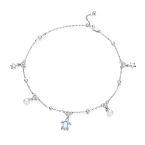 925 Sterling Silver Platinum Plated Sparkling Sea Turtle Shell Pearl Star Anklet Fashion Jewelry 25.5cm (10.04inch) Gift