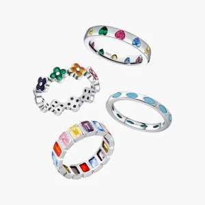 925 Sterling Silver Rainbow Color Heart Plant Geometric CZ Simulated Turquoise Eternity Band Ring For Women Fine Jewelry