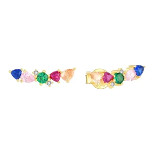 925 Sterling Silver Rainbow Stud Earrings 18K Gold Plating Multi Color CZ Hypoallergenic Earrings for Sensitive Ears