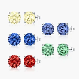 925 Sterling Silver Rhodium Platinum Plated Trendy Sparkling Colorful Octagon Zircon Rose Cut Unisex Stud Earrings Women Gift