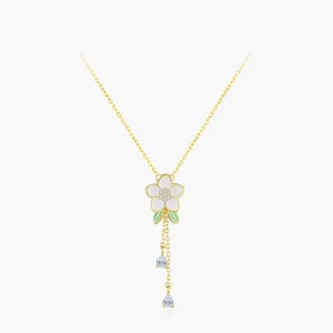 925 Sterling Silver Romantic Frangipani Enamel Necklace Shiny CZ Flower Pendant Link Chain For Women Anniversary Jewelry