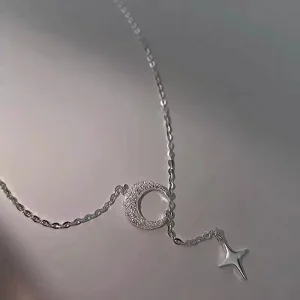 925 Sterling Silver Star Moon Necklace Female Design Sense Link Chain Trendy New Explosions Light Luxury Necklace