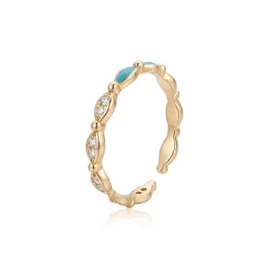 925 Sterling Silver Tiny Zircon Turquoise Enamel Adjustable Finger Ring for Women