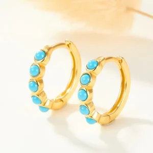925 Sterling Silver Turquoise Hoop Earrings Gold Plated Huggie Earrings Vintage Blue Stone Jewelry For Women