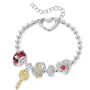 925 Sterling Silver Two tones Heart Charm Key Pendant Red Murano Bead for Women Bracelet Accessories DIY Valentine’ Gift BSC1211